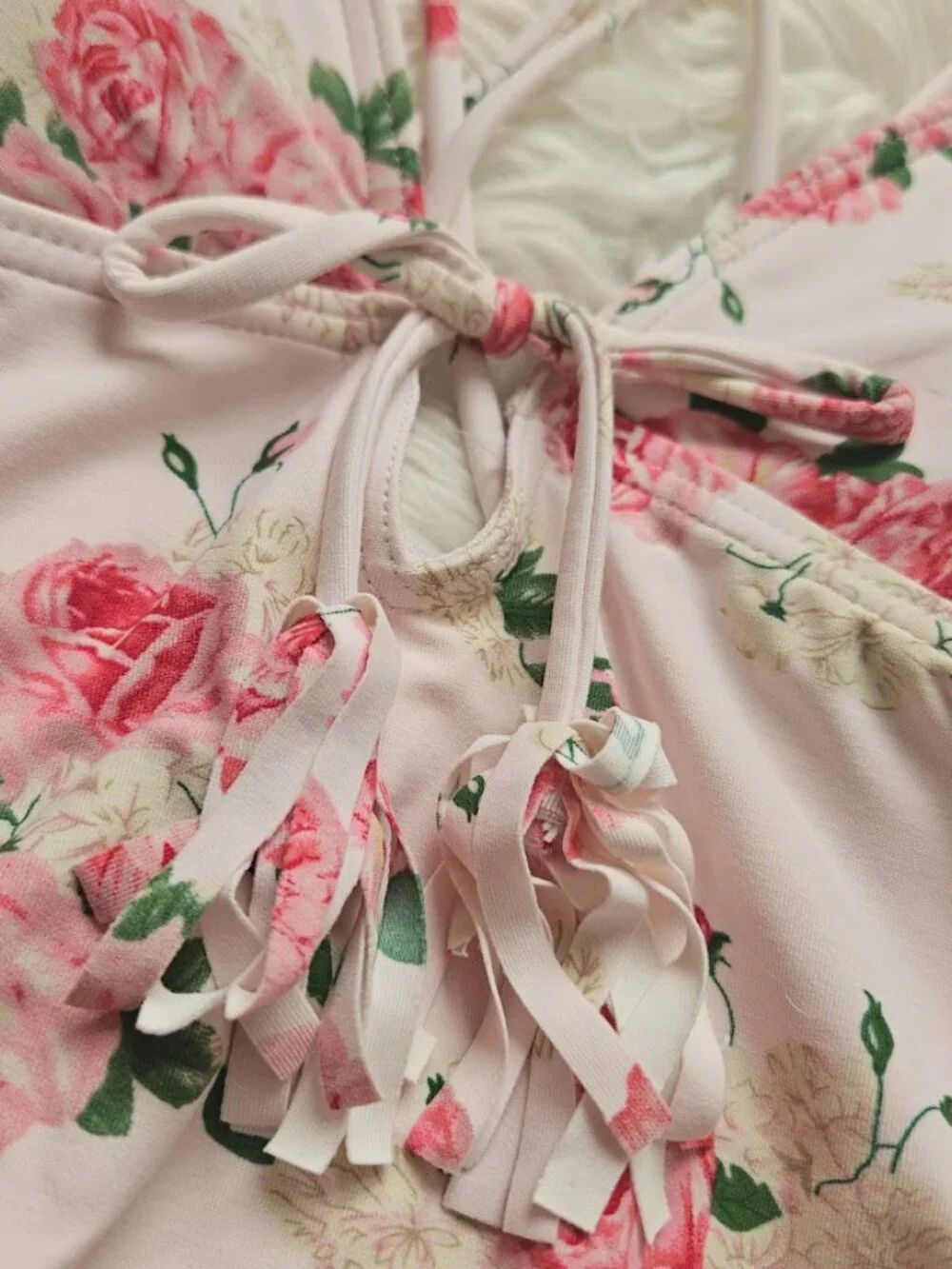 Pink Rose Printed Tassel Strappy Low Back Floral One Piece Swimsuit Small Kawaii